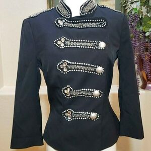 BEBE - Black, Size 6. Sgt Pepper Military Style Jacket with Rhinestones